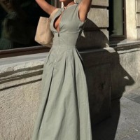 European And American Sleeveless V neck Casual Waist Zipper Collar Dress