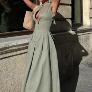 European And American Sleeveless V neck Casual Waist Zipper Collar Dress