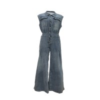Leisure Washed-out Sleeveless Denim One-piece Wide-leg Pants Women