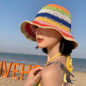 Rainbow Straw Bucket Hat Women's Summer Breathable Sun-proof Sun Protection