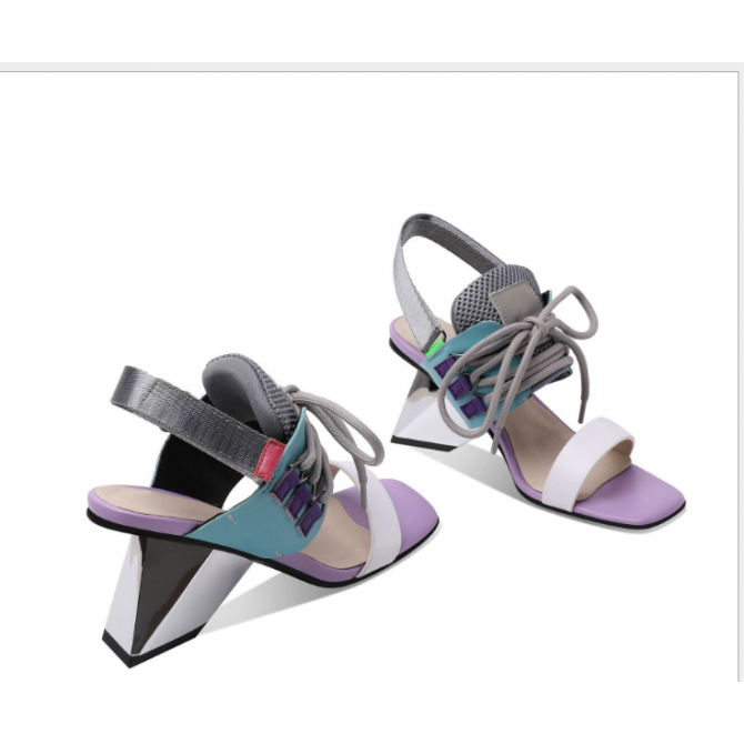 Women Shoes Special-shaped Heel High-heeled Leather Color Matching Strap Summer New Foreign Trade Sandals