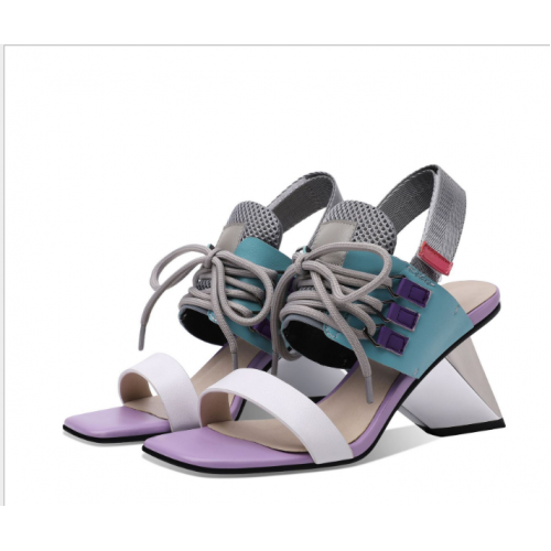 Women Shoes Special-shaped Heel High-heeled Leather Color Matching Strap Summer New Foreign Trade Sandals
