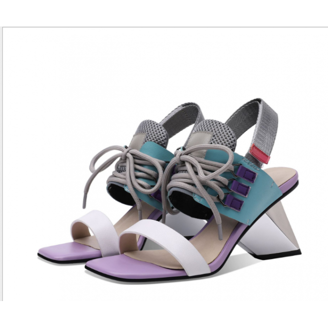 Women Shoes Special-shaped Heel High-heeled Leather Color Matching Strap Summer New Foreign Trade Sandals