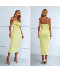Beige French Style Off-shoulder Dress Women's Summer High-grade Tube Top Collarbone Romantic Bandage Dress
