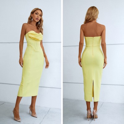 Beige French Style Off-shoulder Dress Women's Summer High-grade Tube Top Collarbone Romantic Bandage Dress