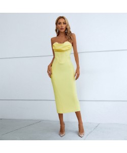 Beige French Style Off-shoulder Dress Women's Summer High-grade Tube Top Collarbone Romantic Bandage Dress
