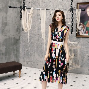 Ladies Skirt Summer Women's Sleeveless Suit Collar Dress Temperament Printing Waist Slim Skirt
