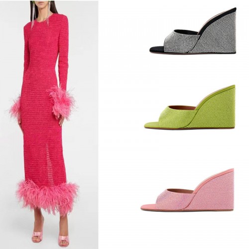 Summer Square Toe Wedge Full Diamond Muller High Heels Slippers