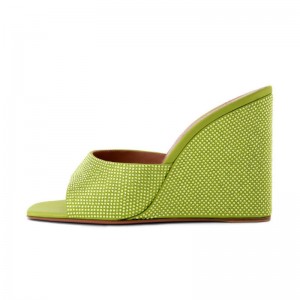 Summer Square Toe Wedge Full Diamond Muller High Heels Slippers