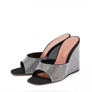 Summer Square Toe Wedge Full Diamond Muller High Heels Slippers