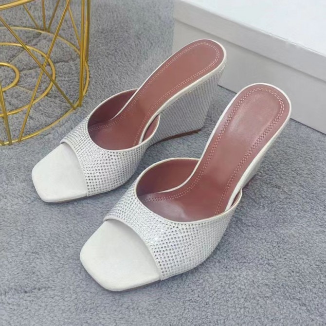 Summer Square Toe Wedge Full Diamond Muller High Heels Slippers