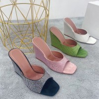 Summer Square Toe Wedge Full Diamond Muller High Heels Slippers