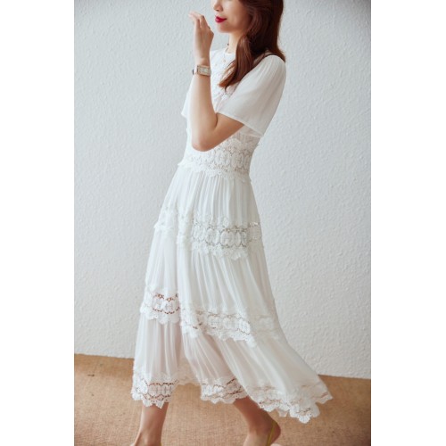 Summer Texture Cotton Ruffled Long Dress Heavy Embroidery Dress
