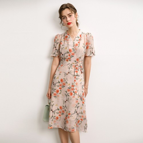 Silk Dress Summer French V-neck Lace Up Style Waist Fairy Print Silk A-line Skirt