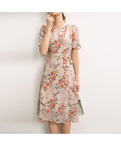 Silk Dress Summer French V-neck Lace Up Style Waist Fairy Print Silk A-line Skirt