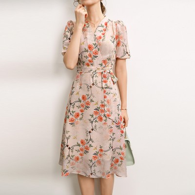 Silk Dress Summer French V-neck Lace Up Style Waist Fairy Print Silk A-line Skirt