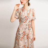 Silk Dress Summer French V-neck Lace Up Style Waist Fairy Print Silk A-line Skirt