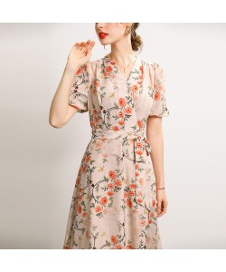 Silk Dress Summer French V-neck Lace Up Style Waist Fairy Print Silk A-line Skirt