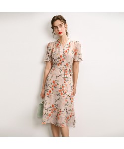 Silk Dress Summer French V-neck Lace Up Style Waist Fairy Print Silk A-line Skirt