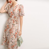 Silk Dress Summer French V-neck Lace Up Style Waist Fairy Print Silk A-line Skirt