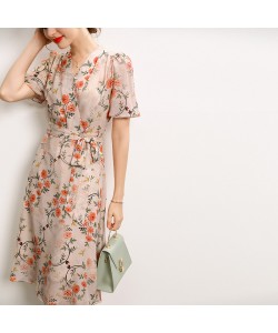 Silk Dress Summer French V-neck Lace Up Style Waist Fairy Print Silk A-line Skirt
