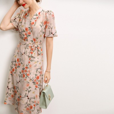 Silk Dress Summer French V-neck Lace Up Style Waist Fairy Print Silk A-line Skirt