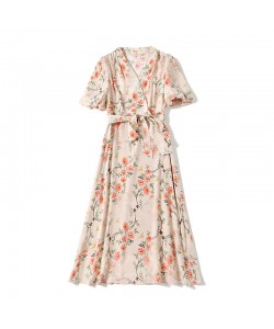 Silk Dress Summer French V-neck Lace Up Style Waist Fairy Print Silk A-line Skirt