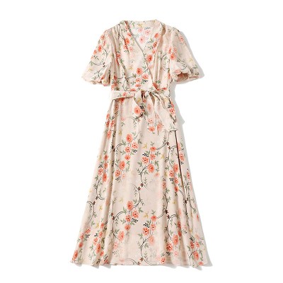 Silk Dress Summer French V-neck Lace Up Style Waist Fairy Print Silk A-line Skirt