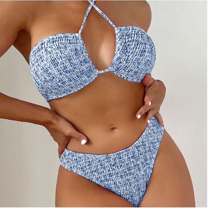 Summer Flowers Print Pleated Design Bikini Set Beach Fashion Halter Neck Swimsuit Womens Clothing