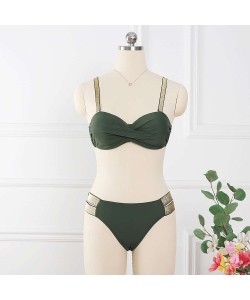 Bikini Sets Solid Color Swimsuit Sexy Mid-Waist Bandeau Gather Cup Bikinis Women Swimwear Female Bathing Suits Beach Wear