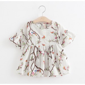 Girls Kids Skirts Flared Sleeve Printed Cotton Dress