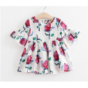 Girls Kids Skirts Flared Sleeve Printed Cotton Dress