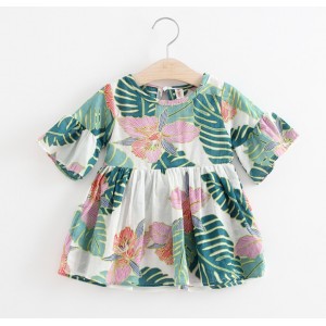 Girls Kids Skirts Flared Sleeve Printed Cotton Dress