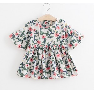 Girls Kids Skirts Flared Sleeve Printed Cotton Dress