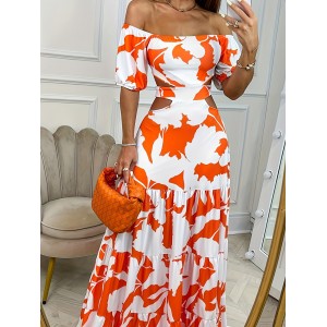Printed One-line Collar Short-sleeved Long Dress With Hollow Waist Design Summer Vacation Dresses For Women Clothing