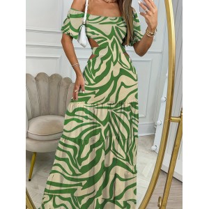 Printed One-line Collar Short-sleeved Long Dress With Hollow Waist Design Summer Vacation Dresses For Women Clothing