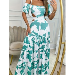 Printed One-line Collar Short-sleeved Long Dress With Hollow Waist Design Summer Vacation Dresses For Women Clothing