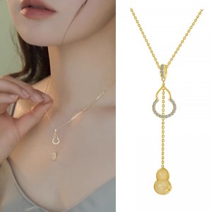 S925 Sterling Silver Gourd Necklace Hetian Jade Fu Lu