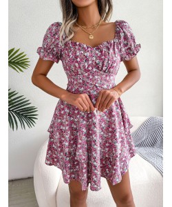 Women Mini Dress Temperament Big Swing Loose Hem Flower Print Shirring Dress Up Short Sleeves High Waist Summer Dress Clothes