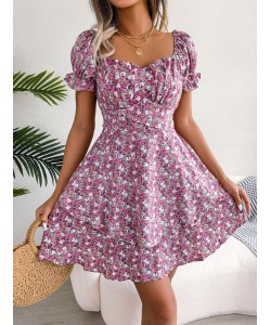 Women Mini Dress Temperament Big Swing Loose Hem Flower Print Shirring Dress Up Short Sleeves High Waist Summer Dress Clothes