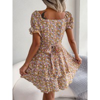 Women Mini Dress Temperament Big Swing Loose Hem Flower Print Shirring Dress Up Short Sleeves High Waist Summer Dress Clothes