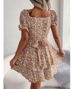 Women Mini Dress Temperament Big Swing Loose Hem Flower Print Shirring Dress Up Short Sleeves High Waist Summer Dress Clothes