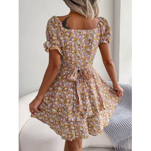 Women Mini Dress Temperament Big Swing Loose Hem Flower Print Shirring Dress Up Short Sleeves High Waist Summer Dress Clothes