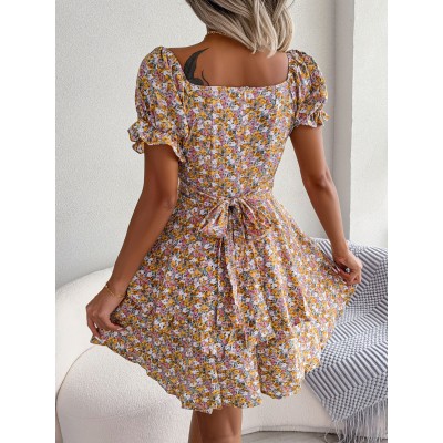 Women Mini Dress Temperament Big Swing Loose Hem Flower Print Shirring Dress Up Short Sleeves High Waist Summer Dress Clothes