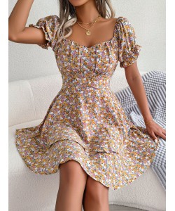 Women Mini Dress Temperament Big Swing Loose Hem Flower Print Shirring Dress Up Short Sleeves High Waist Summer Dress Clothes
