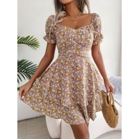 Women Mini Dress Temperament Big Swing Loose Hem Flower Print Shirring Dress Up Short Sleeves High Waist Summer Dress Clothes
