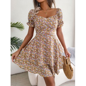 Women Mini Dress Temperament Big Swing Loose Hem Flower Print Shirring Dress Up Short Sleeves High Waist Summer Dress Clothes