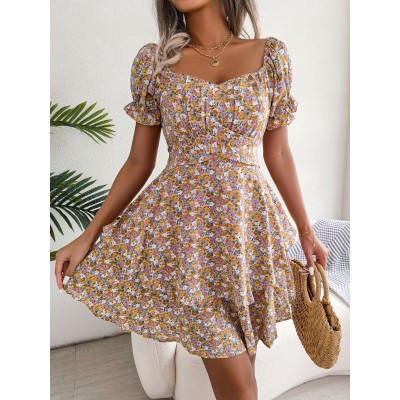 Women Mini Dress Temperament Big Swing Loose Hem Flower Print Shirring Dress Up Short Sleeves High Waist Summer Dress Clothes