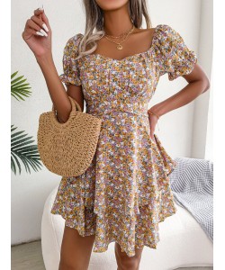 Women Mini Dress Temperament Big Swing Loose Hem Flower Print Shirring Dress Up Short Sleeves High Waist Summer Dress Clothes