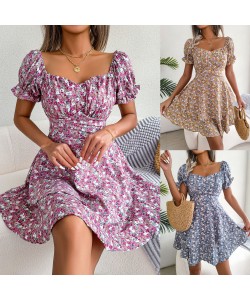 Women Mini Dress Temperament Big Swing Loose Hem Flower Print Shirring Dress Up Short Sleeves High Waist Summer Dress Clothes
